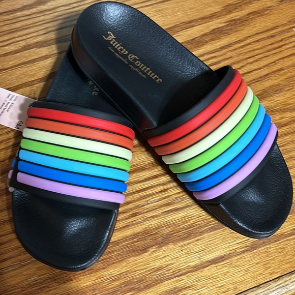 Juicy Couture Shoes - Juicy Couture Black rainbow multi Wynnie  pool shoes   GOING AWAY